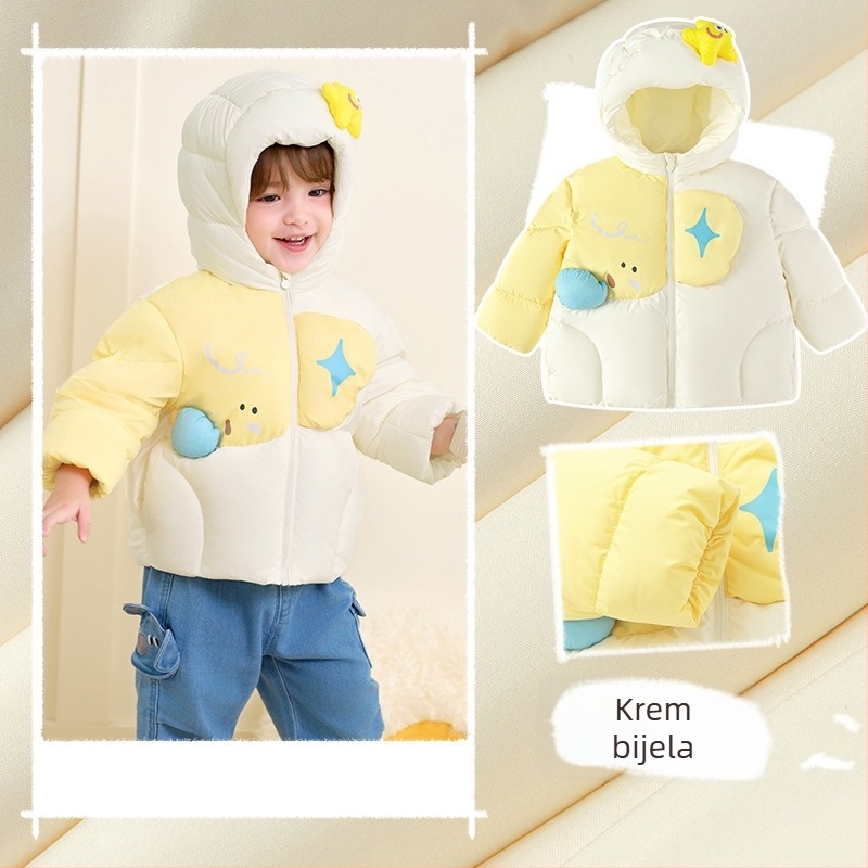 Unisex dječja jakna s perjem, kapuljačom, srednje duljine, zimska jakna, punilo od bijelog patkine perja, slobodan kroj