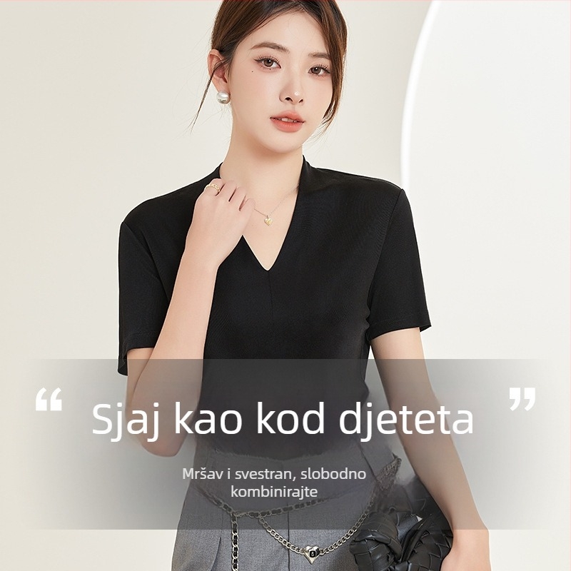 Mulberry svileni T-shirt s V-izrezom, kratkim rukavima, ležerni kroj, duljina 50-65 cm