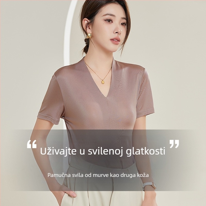 Mulberry svileni T-shirt s V-izrezom, kratkim rukavima, ležerni kroj, duljina 50-65 cm