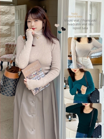 Ženski jednobojni pleteni džemper s visokim/kvadratičnim ovratnikom, Rabbit Velvet Core-Spun Yarn, Zima 2025, elastan