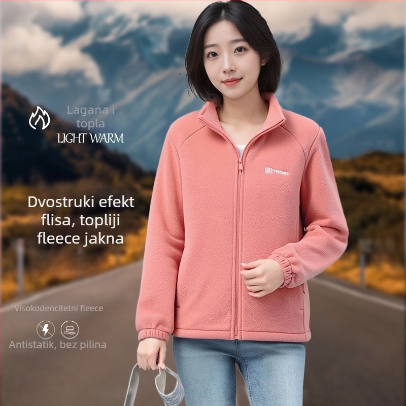 Ženska flis jakna s stojećim ovratnikom i zatvaračem, debeli fleece