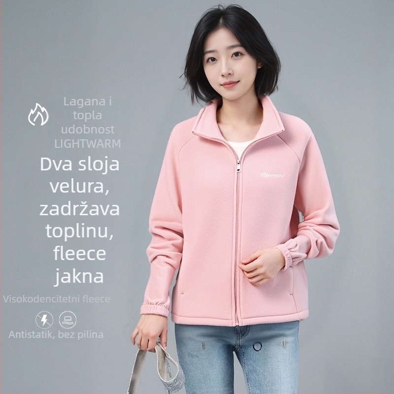 Ženska flis jakna s stojećim ovratnikom i zatvaračem, debeli fleece