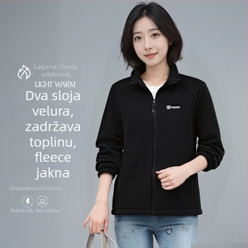Ženska flis jakna s stojećim ovratnikom i zatvaračem, debeli fleece