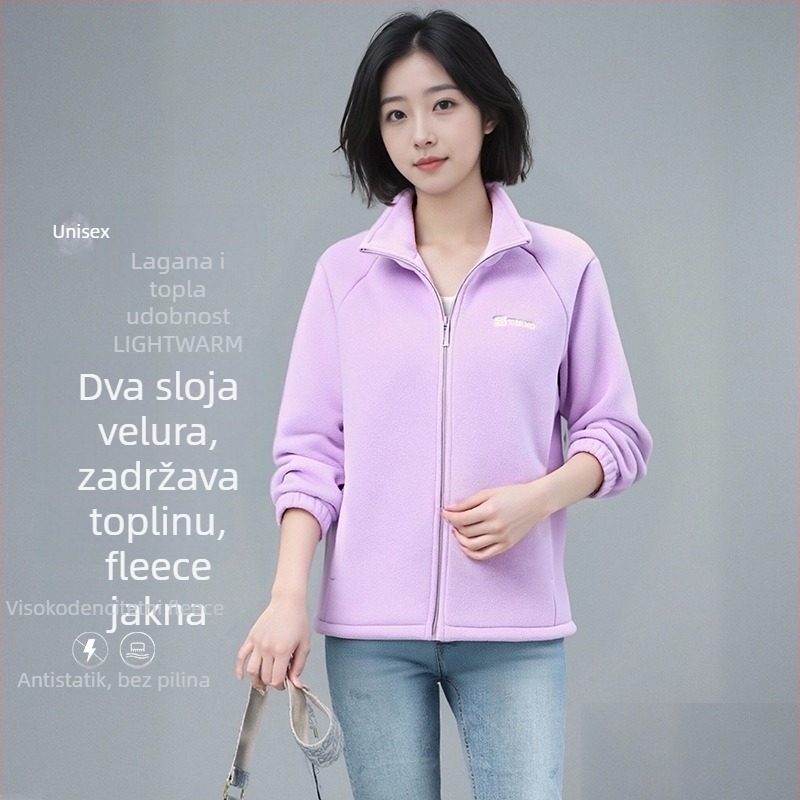 Ženska flis jakna s stojećim ovratnikom i zatvaračem, debeli fleece