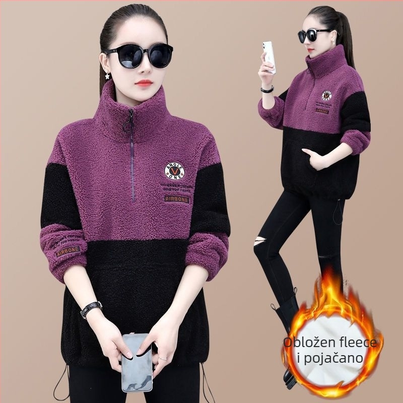 Ženski džemper s fleece podstavom od akrila 95%+, ovratnik Peter Pan, rukav 9/10, rukav u obliku latice, jesen 2025