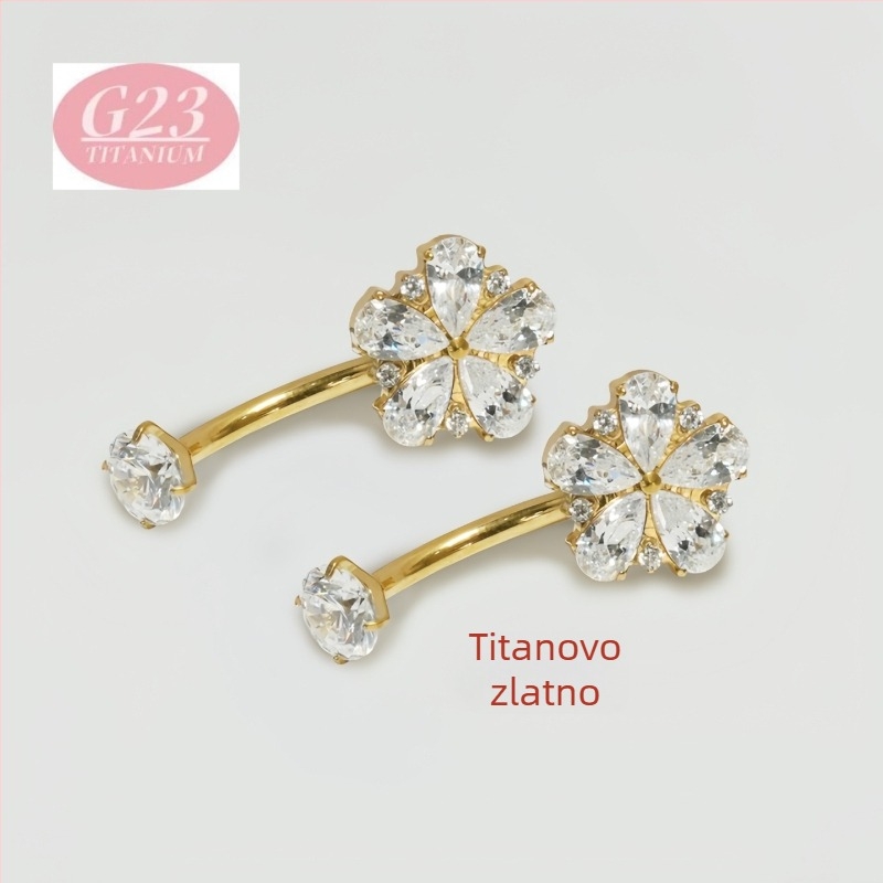 Pupkov piercing, cvjetni oblik, titanijeva legura, 5A cirkon, set s cirkonijom