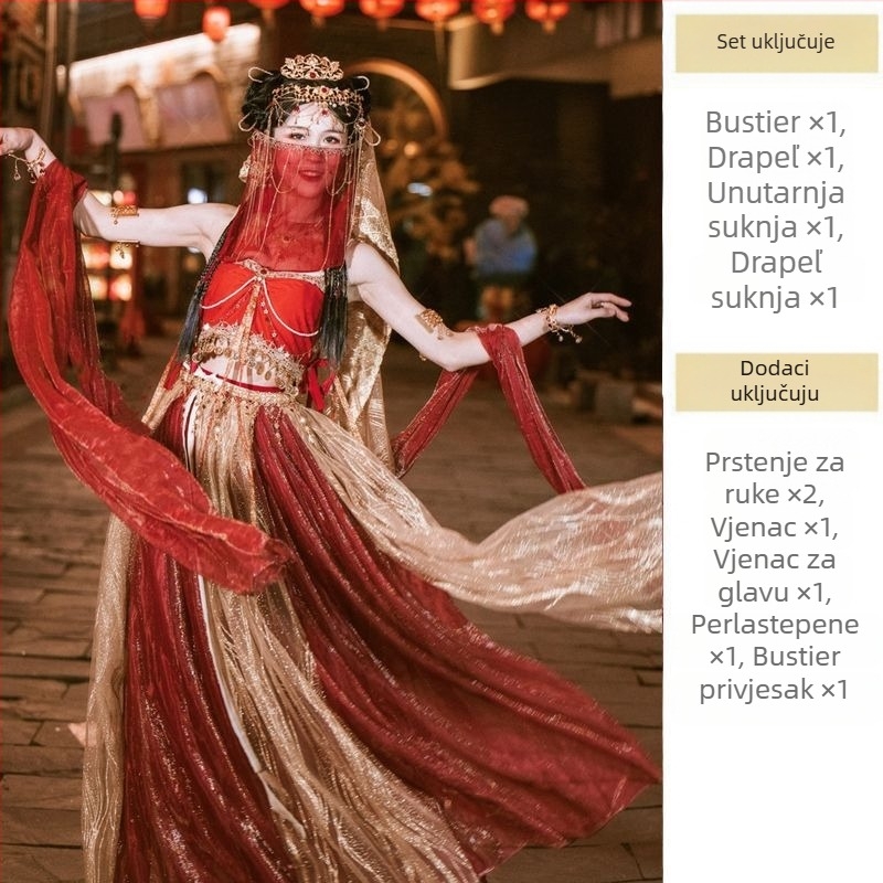 Etnički plesni kostim s elementima Dunhuang Apsara, metalna svila tkanina, tisak, sadržaj glavne tkanine 95%+, sadržaj druge tkanine 95%+