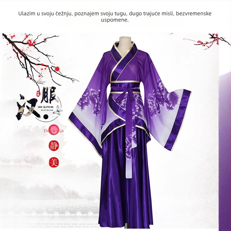 Hanfu kostim za žene za pozornicu, tradicionalna haljina širokih rukava, šifon, poliester 95%, digitalno tiskanje