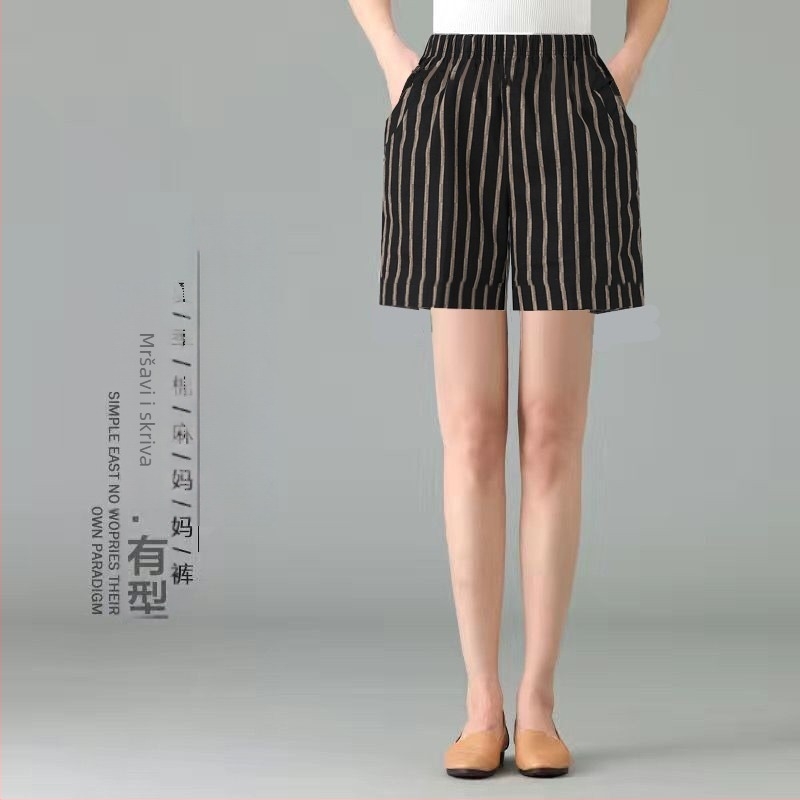 Ženske kratke hlače od pamuka i lana, visokim strukom, tanki materijal, retro stil.