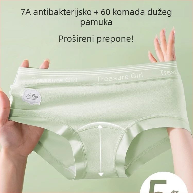 Ženske pamukne gaćice sa srednjim strukom, prozračne i antibakterijske, jednobojne, 90–95% pamuka.
