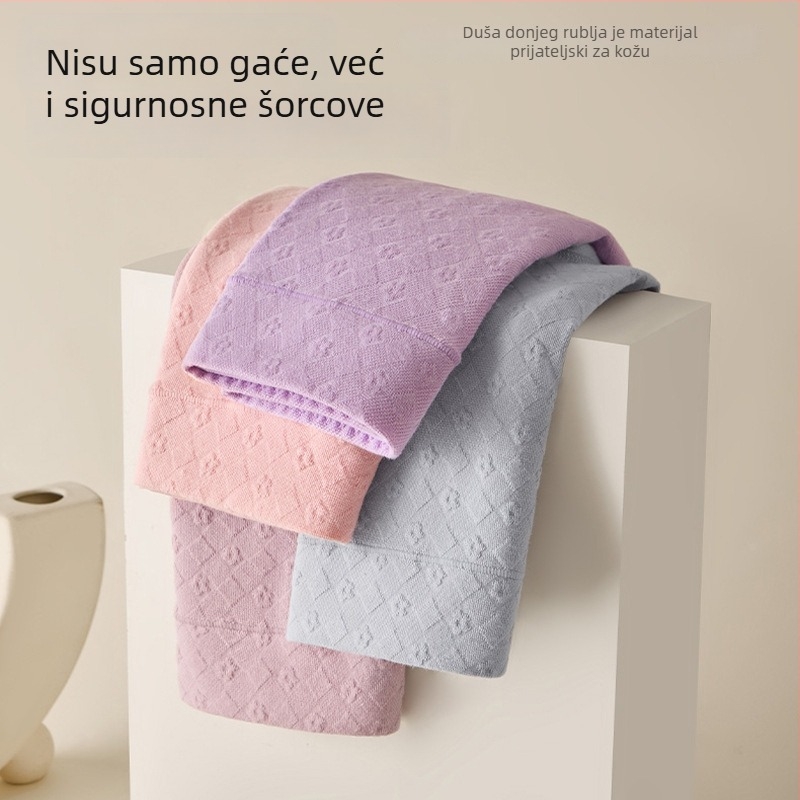 Ženske sigurnosne gaćice s srednjim strukom od pamuka, reljefni uzorak, anti-slip, glavni materijal 90–95% pamuk, podstava prepona 100% pamuk