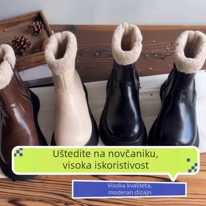 Ženske zimske čizme s debelom potplatom i povećanjem visine 3-5 cm, bočni zip, PU gornji dio, unutrašnjost umjetno pliš, okrugli vrh