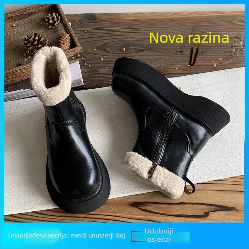 Ženske zimske čizme s debelom potplatom i povećanjem visine 3-5 cm, bočni zip, PU gornji dio, unutrašnjost umjetno pliš, okrugli vrh