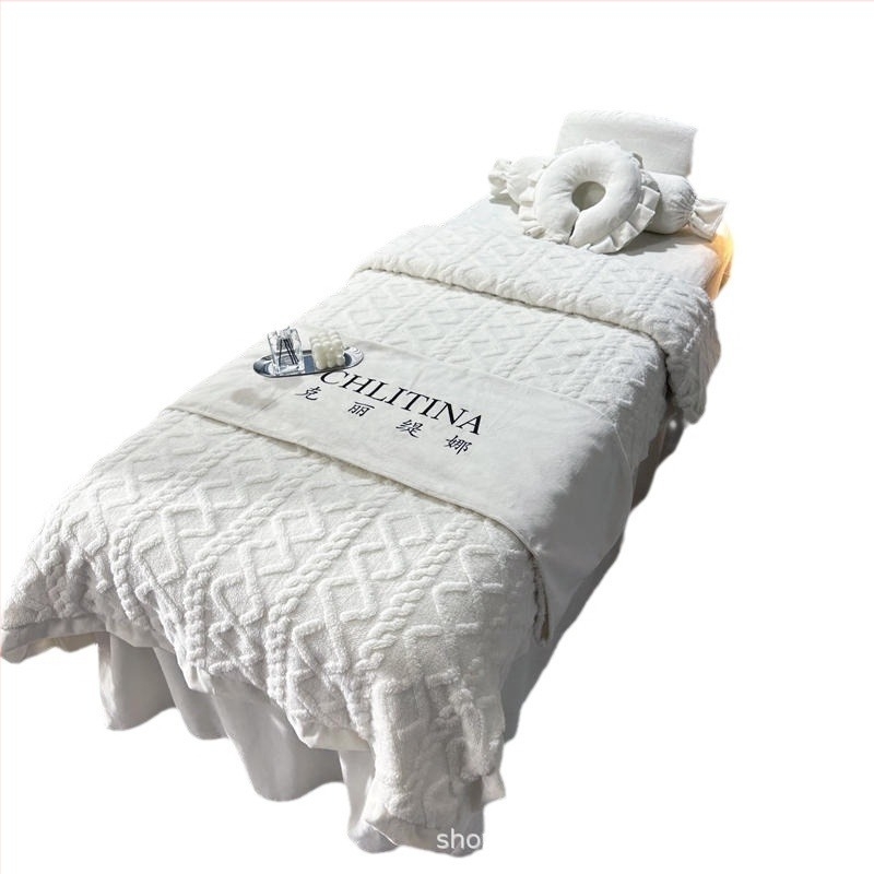 Četverodijelni set navlaka za krevet za kozmetički salon, mliječni velur, čipka, reaktivno tiskanje, prilagodljivo, lagani luksuz