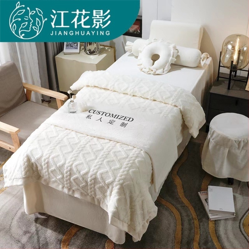 Četverodijelni set navlaka za krevet za kozmetički salon, mliječni velur, čipka, reaktivno tiskanje, prilagodljivo, lagani luksuz