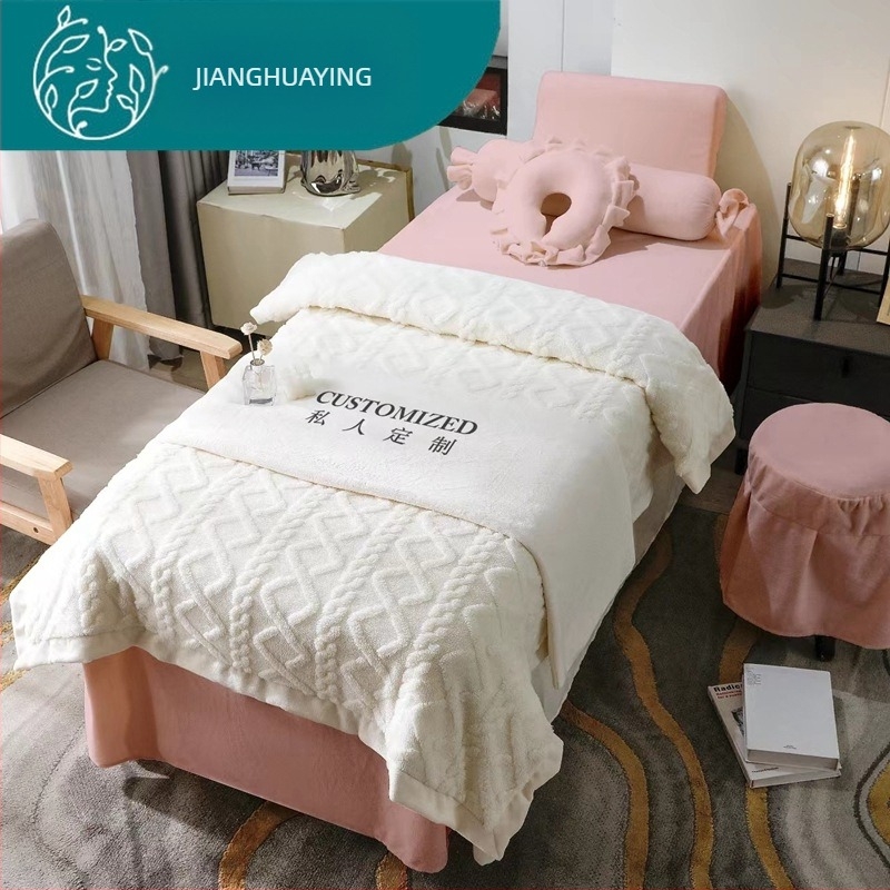 Četverodijelni set navlaka za krevet za kozmetički salon, mliječni velur, čipka, reaktivno tiskanje, prilagodljivo, lagani luksuz