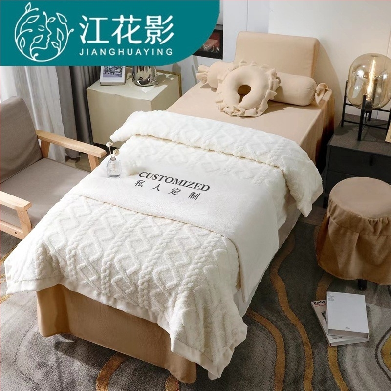 Četverodijelni set navlaka za krevet za kozmetički salon, mliječni velur, čipka, reaktivno tiskanje, prilagodljivo, lagani luksuz