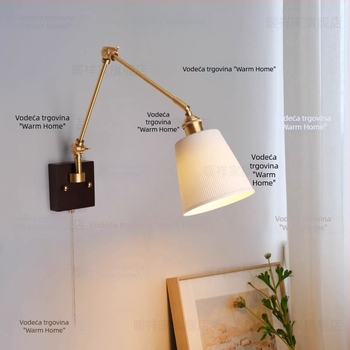 Zidna lampa u američkom stilu vintage, podesiva za spavaću sobu s keramičkim sjenilom, bakreno tijelo, masivno orahovo drvo, mosazni savijajući rameni