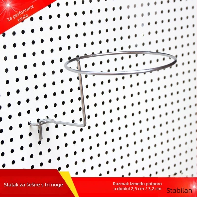 Željezni držač za šešire na perforiranoj ploči, s jednim kukom, moderan minimalistički stil, nosivost 3 kg, 1 komad