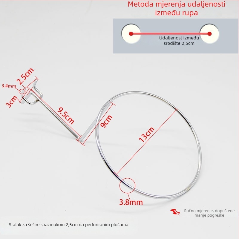 Željezni držač za šešire na perforiranoj ploči, s jednim kukom, moderan minimalistički stil, nosivost 3 kg, 1 komad