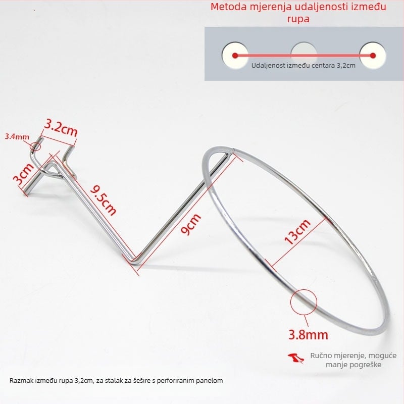 Željezni držač za šešire na perforiranoj ploči, s jednim kukom, moderan minimalistički stil, nosivost 3 kg, 1 komad