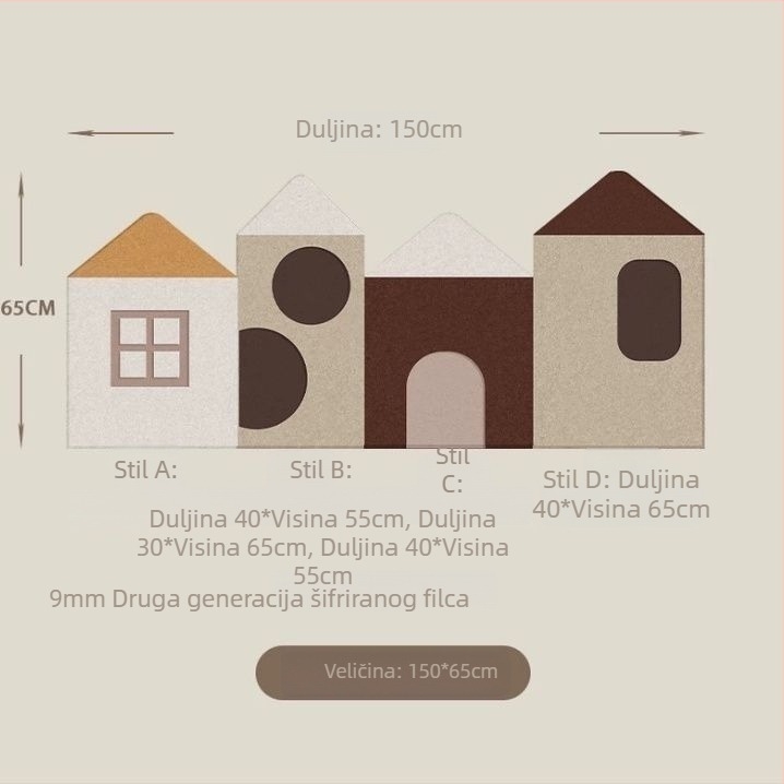 3D dječja kućica od filca za zid – crtani stil, geometrijski apstraktni uzorak, poliester, prilagodba dostupna, pogodno za dnevni boravak, spavaću sobu, radnu sobu