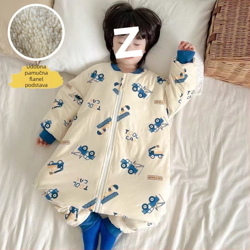 Dječji spavaći vreća za jesen-zimu, debela, sa zipom, podijeljene noge, vanjski pamuk, kašmir punilo, crtani dizajn, unisex