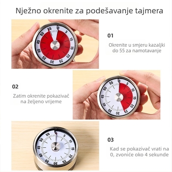 Mehanički kuhinjski timer s magnetskim držalom, LCD prikaz, okruglo metalno kućište, ručno navijanje