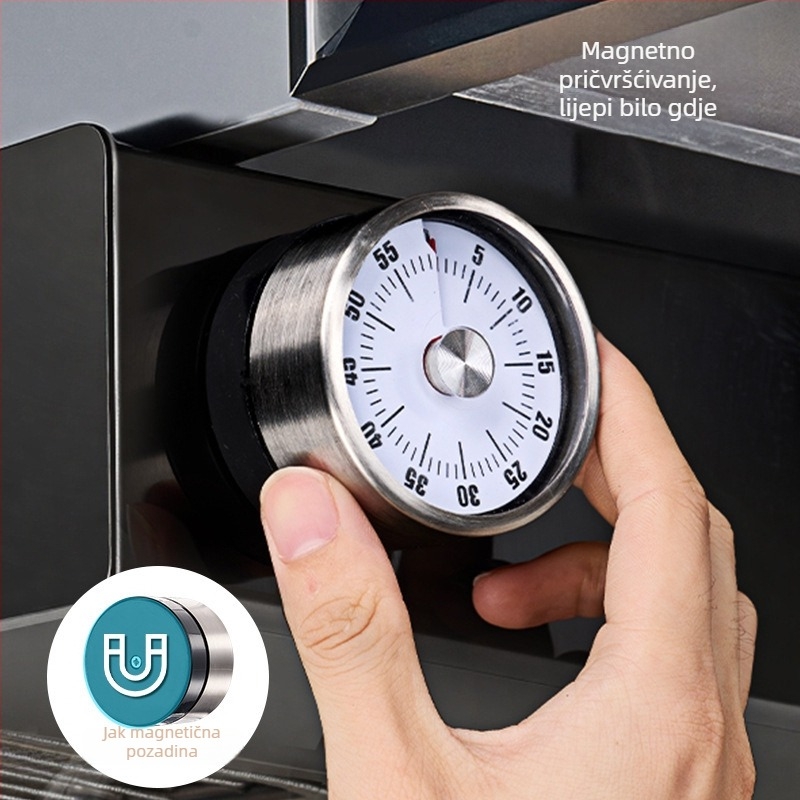Mehanički kuhinjski timer s magnetskim držalom, LCD prikaz, okruglo metalno kućište, ručno navijanje