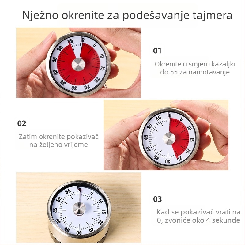 Mehanički kuhinjski timer s magnetskim držalom, LCD prikaz, okruglo metalno kućište, ručno navijanje