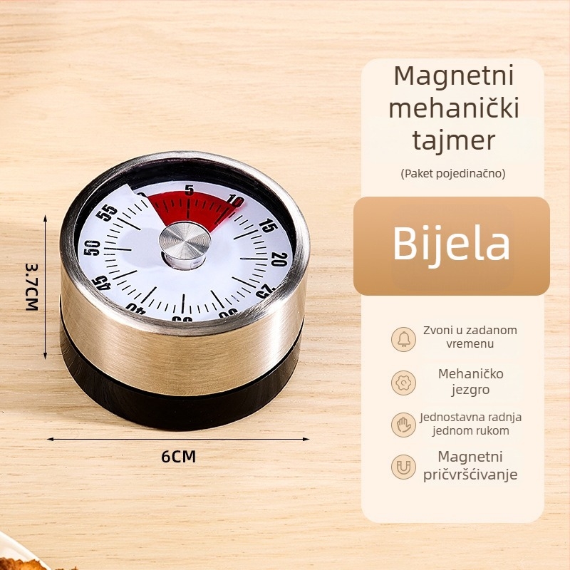 Mehanički kuhinjski timer s magnetskim držalom, LCD prikaz, okruglo metalno kućište, ručno navijanje