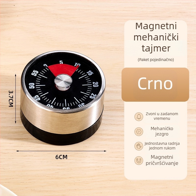 Mehanički kuhinjski timer s magnetskim držalom, LCD prikaz, okruglo metalno kućište, ručno navijanje