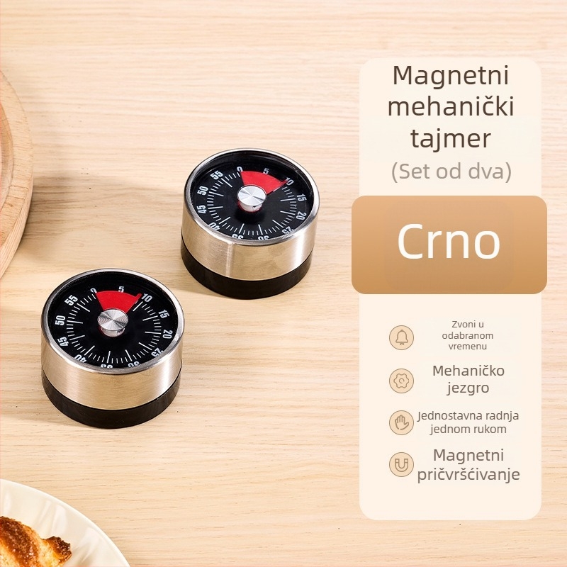 Mehanički kuhinjski timer s magnetskim držalom, LCD prikaz, okruglo metalno kućište, ručno navijanje