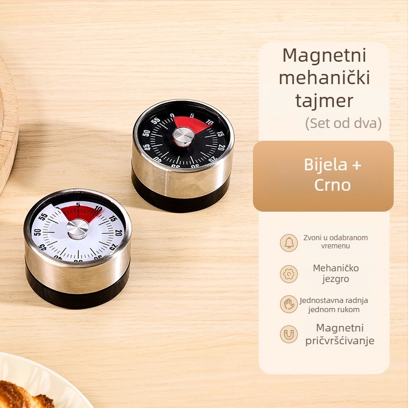 Mehanički kuhinjski timer s magnetskim držalom, LCD prikaz, okruglo metalno kućište, ručno navijanje