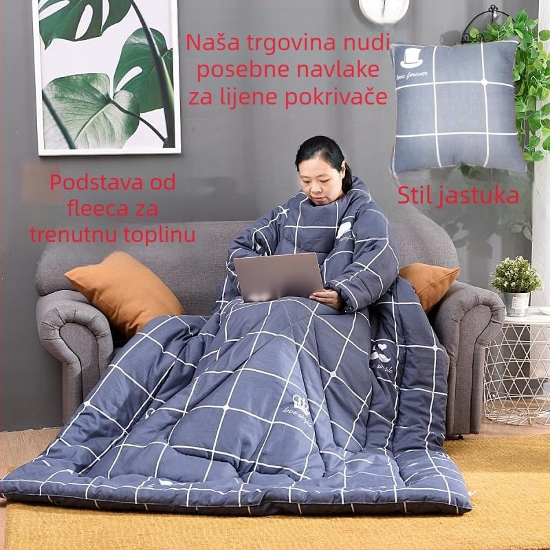 Zimska nosiva deka s rukavima i jastukom, plišna unutrašnjost za starije osobe — deka za korisnike kolica; težina do 0,5 kg; materijal: 100% pamuk; tkanje: brushed, obična tkanina; punilo 90–100% kemijska vlakna