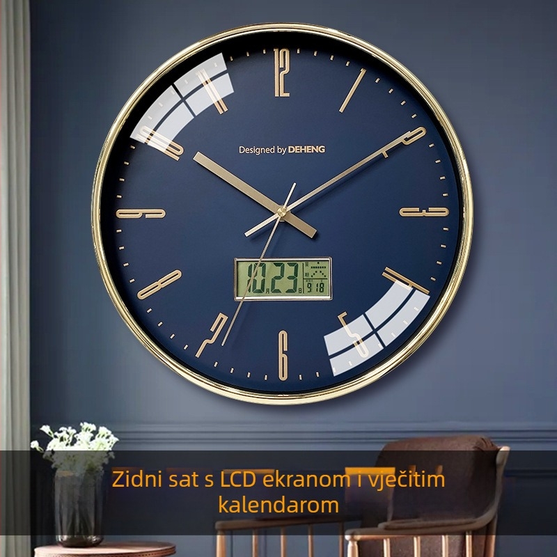 Zidni sat s LCD zaslonom, kalendar, tih hod, napajan baterijom, okruglo plastično kućište