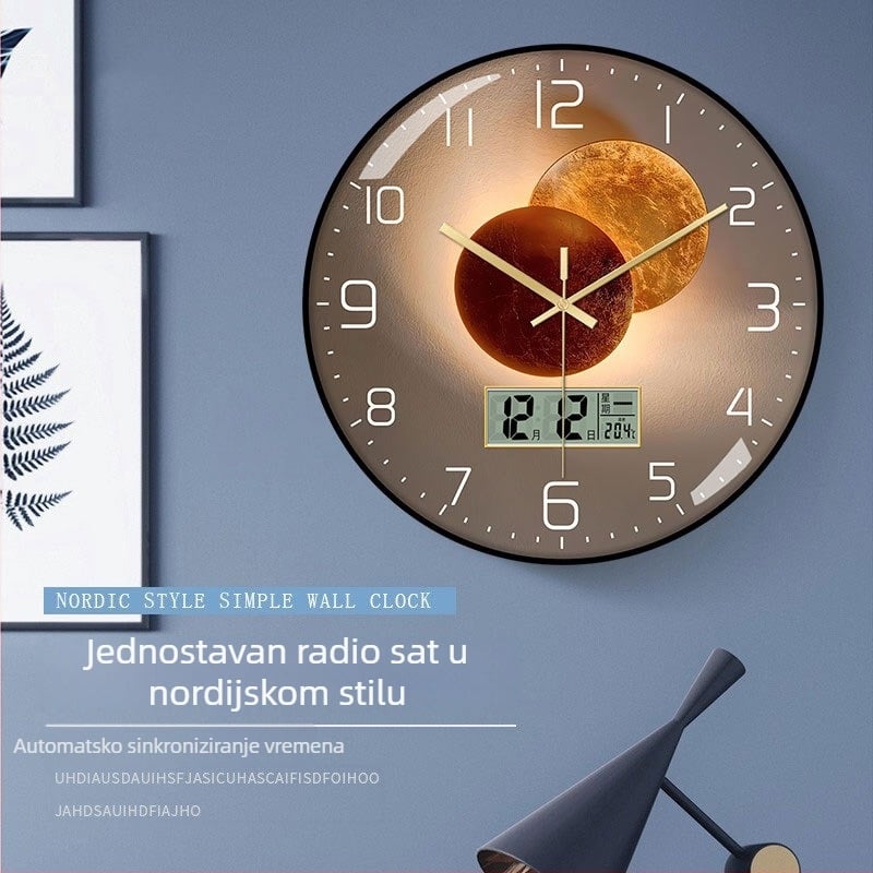 Radio-izvedeni zidni sat s kalendarom, termometrom i prikazom mjesečevih faza