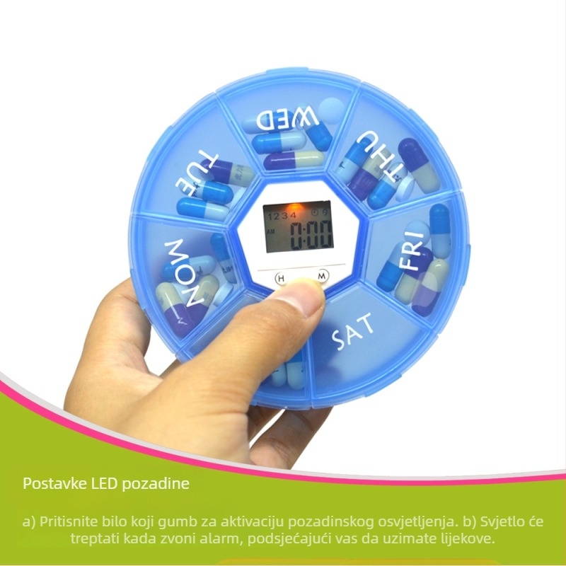 Okroglasti elektronički kutija za lijekove s timerom, 7 pretinaca, 4 alarma, LCD zaslon