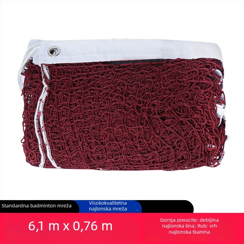 Mreža za badminton s četverostranim obrubom i standardnim okvirom za perje, s omotanim čeličnim užetom za zatezanje — za natjecanja i treninge