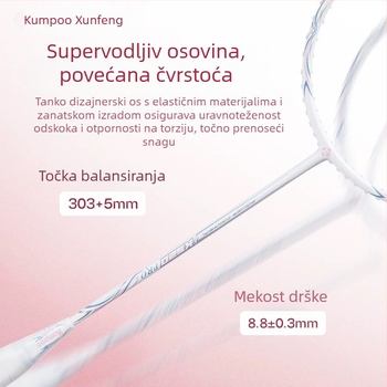 Raketa za badminton Kumpoo Xunfeng K520Pro, karbonski okvir, najlon navoj, težina 80–84 g, drška G5, za igru u singlovima