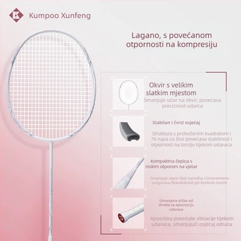 Raketa za badminton Kumpoo Xunfeng K520Pro, karbonski okvir, najlon navoj, težina 80–84 g, drška G5, za igru u singlovima