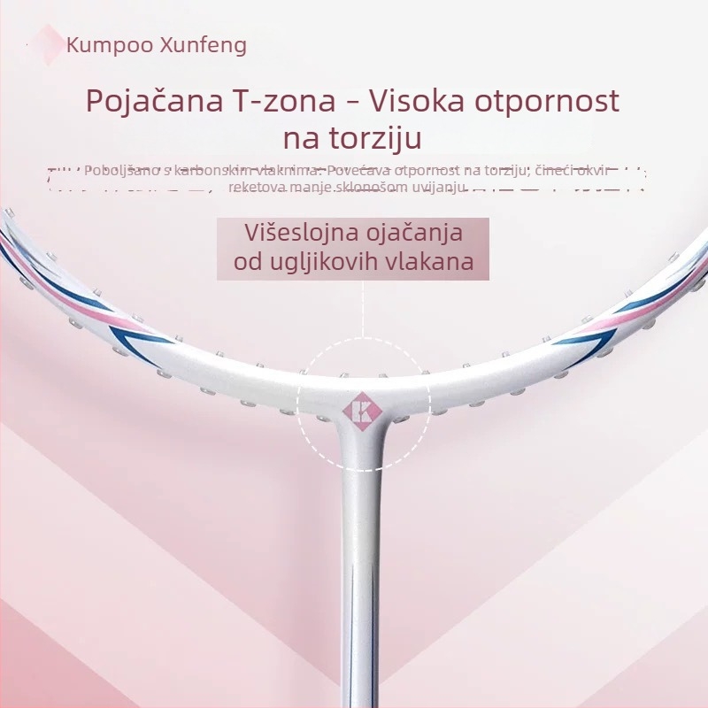 Raketa za badminton Kumpoo Xunfeng K520Pro, karbonski okvir, najlon navoj, težina 80–84 g, drška G5, za igru u singlovima