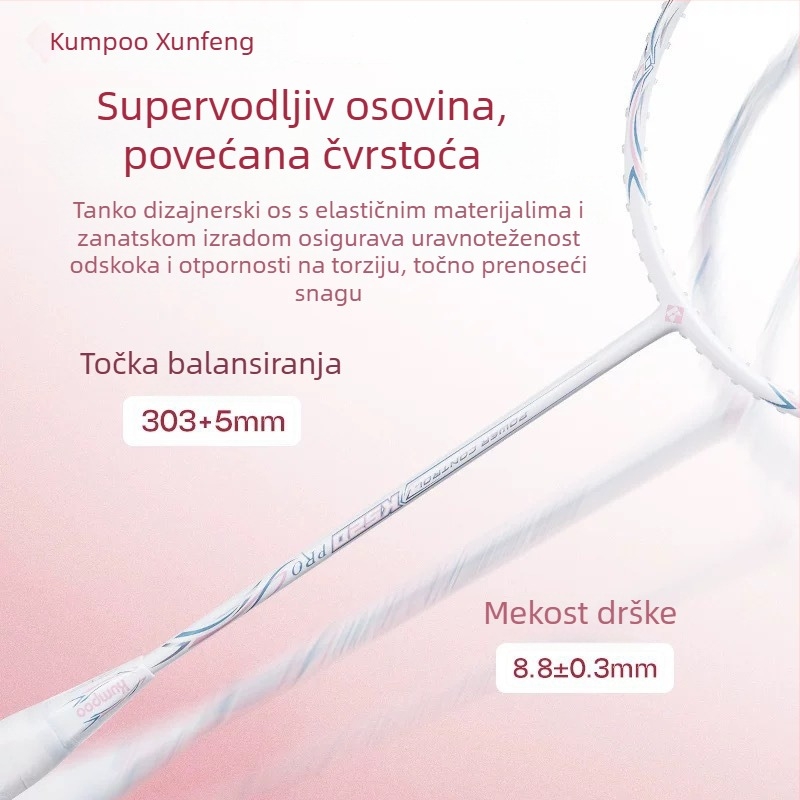 Raketa za badminton Kumpoo Xunfeng K520Pro, karbonski okvir, najlon navoj, težina 80–84 g, drška G5, za igru u singlovima