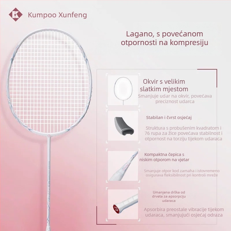 Raketa za badminton Kumpoo Xunfeng K520Pro, karbonski okvir, najlon navoj, težina 80–84 g, drška G5, za igru u singlovima