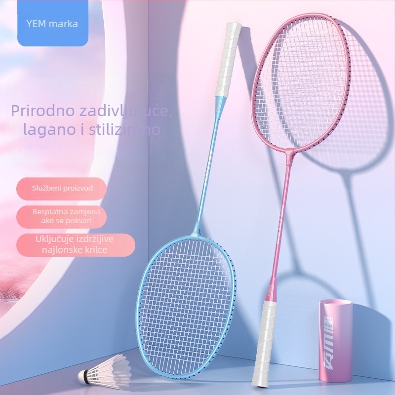 Badminton raketa Yingerjian, okvir od željezne legure, najlonske strune, težina 95–100 g, debljina drške G-4, srednja tvrdoća, direktan udarac