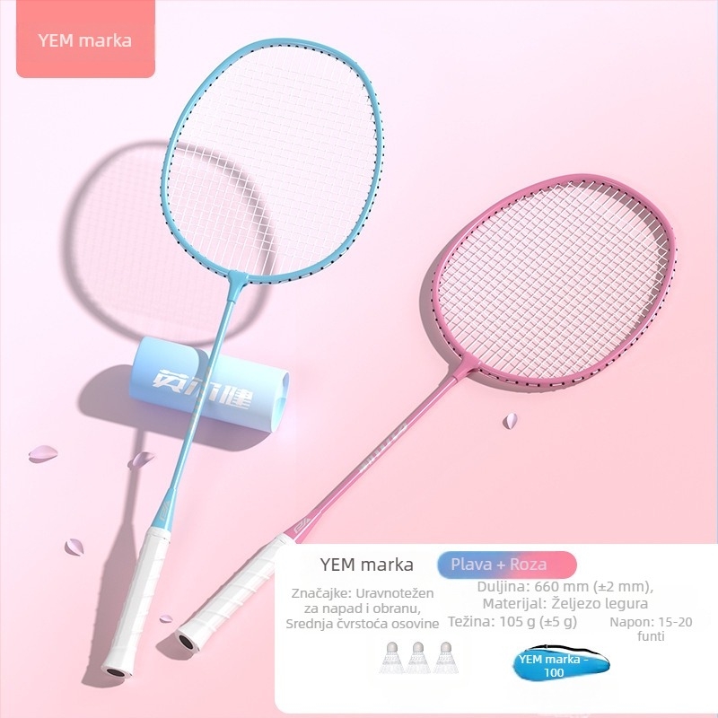 Badminton raketa Yingerjian, okvir od željezne legure, najlonske strune, težina 95–100 g, debljina drške G-4, srednja tvrdoća, direktan udarac