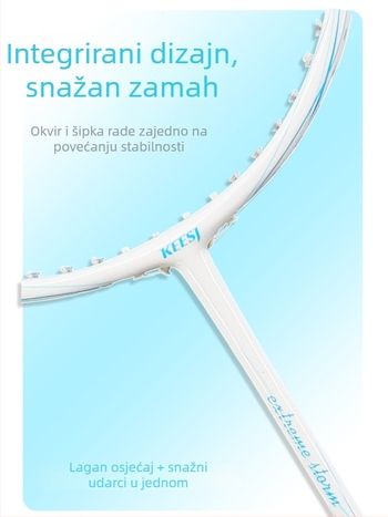 Raketa za badminton – okvir od karbonsko-aluminijske legure; konstrukcija od jednog dijela; težina 90–94 g; tip reketa: ravni; mogućnost tiska logotipa