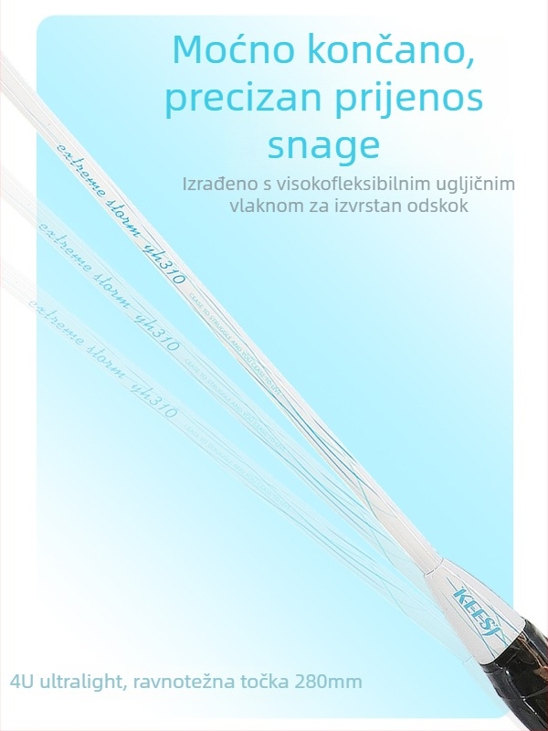 Raketa za badminton – okvir od karbonsko-aluminijske legure; konstrukcija od jednog dijela; težina 90–94 g; tip reketa: ravni; mogućnost tiska logotipa