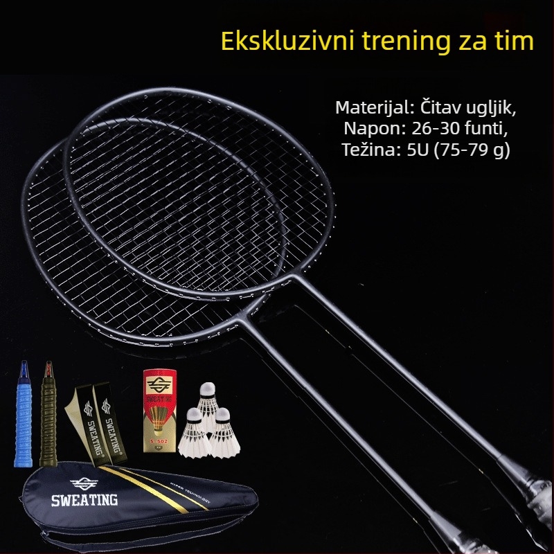 Badminton reketa s karbonskim vlaknima; težina 75–79 g; debljina ručke G4; tip reketa: ravni udarac