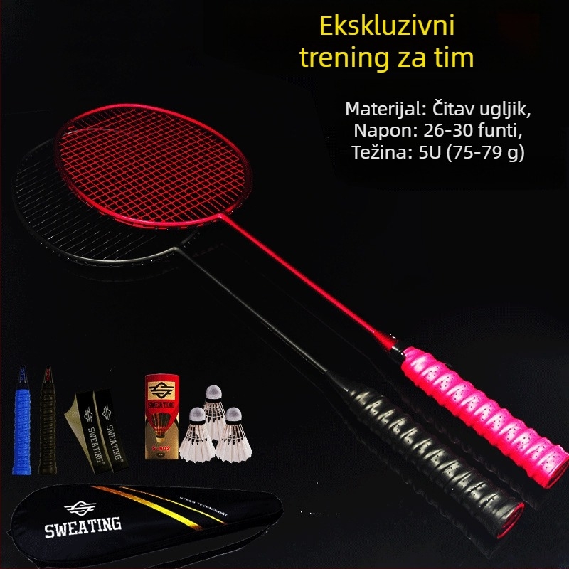 Badminton reketa s karbonskim vlaknima; težina 75–79 g; debljina ručke G4; tip reketa: ravni udarac